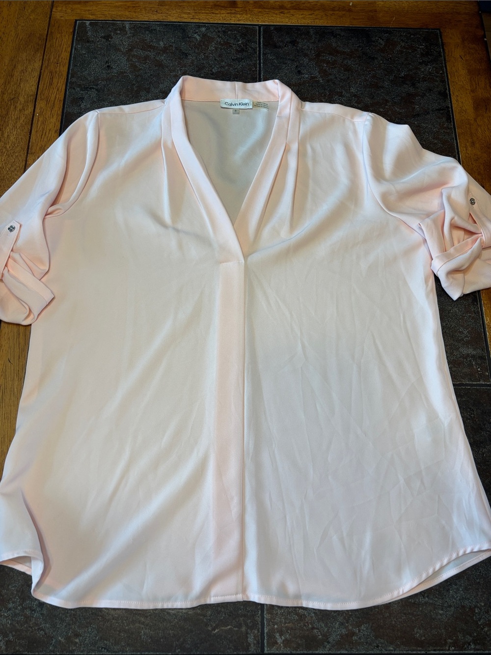 Calvin Klein Soft Pale Pink V-Neck Roll-Sleeve Blouse